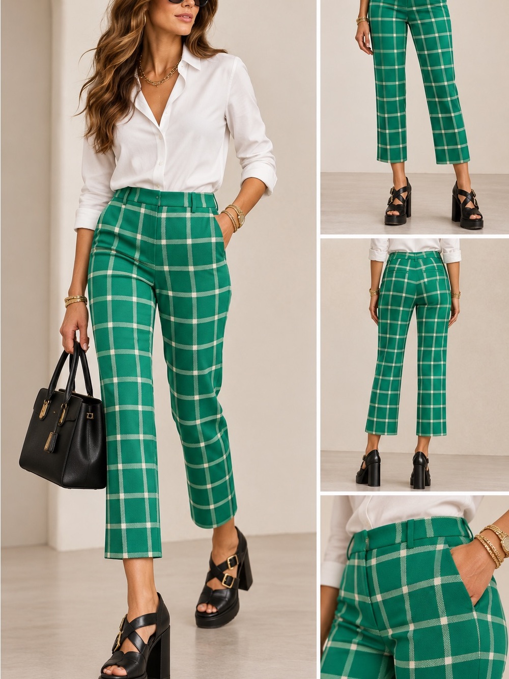 RED VALENTINO Virgin Wool Wide Leg Kelly Green Plaid Cropped Pants - $480